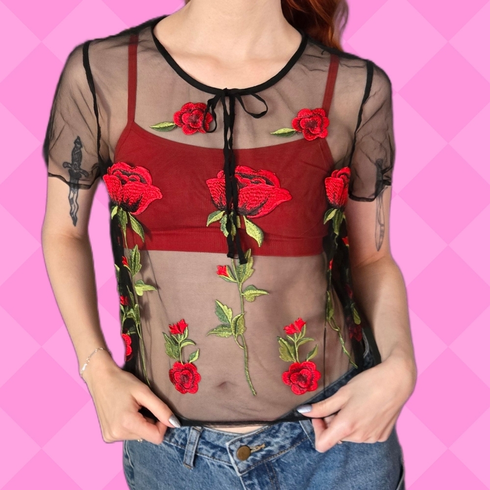 Forever 21 Black Sheer Top with Red Floral Embroidery